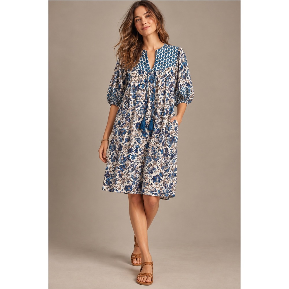 Knox Rose Dress S/M Blue White Floral Boho Tassel Split Neck Puff Sleeve Mini